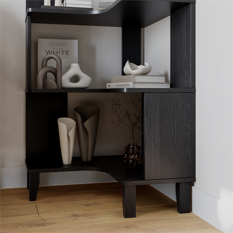 Prepac Nordik 71.5 in. 6-Tier Engineered Wood Corner Bookcase in Black Oak