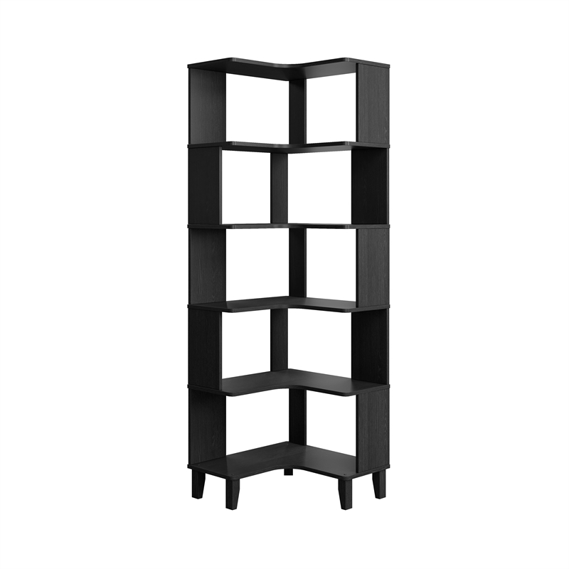 Prepac Nordik 71.5 in. 6-Tier Engineered Wood Corner Bookcase in Black Oak