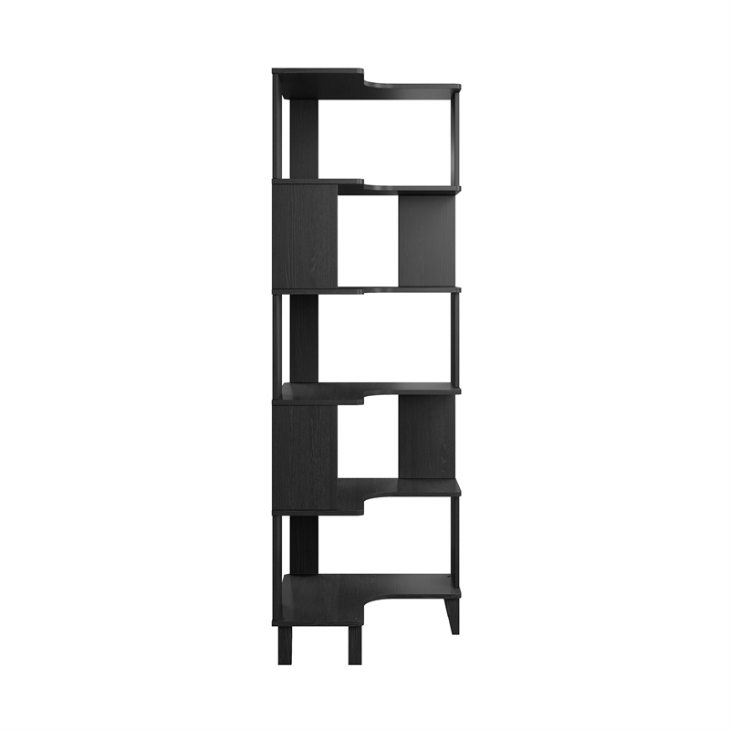 Prepac Nordik 71.5 in. 6-Tier Engineered Wood Corner Bookcase in Black Oak