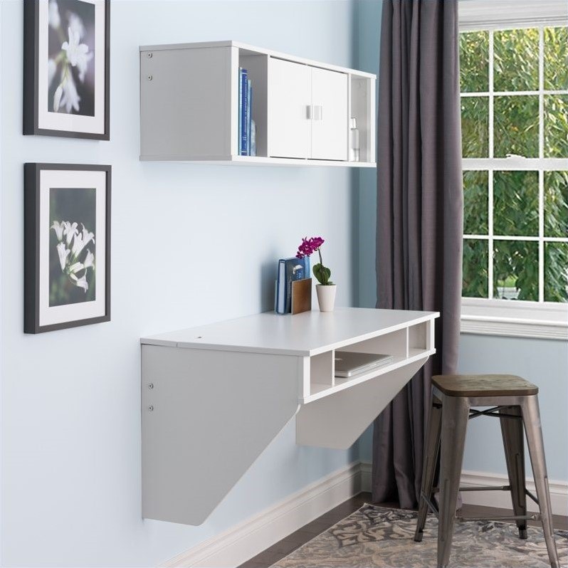 Floating Desk with Hutch in Fresh White Finish - WEHW-0500 ...