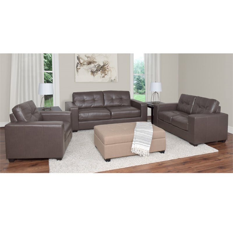 3 Piece Tufted Leather Sofa Set In Brown