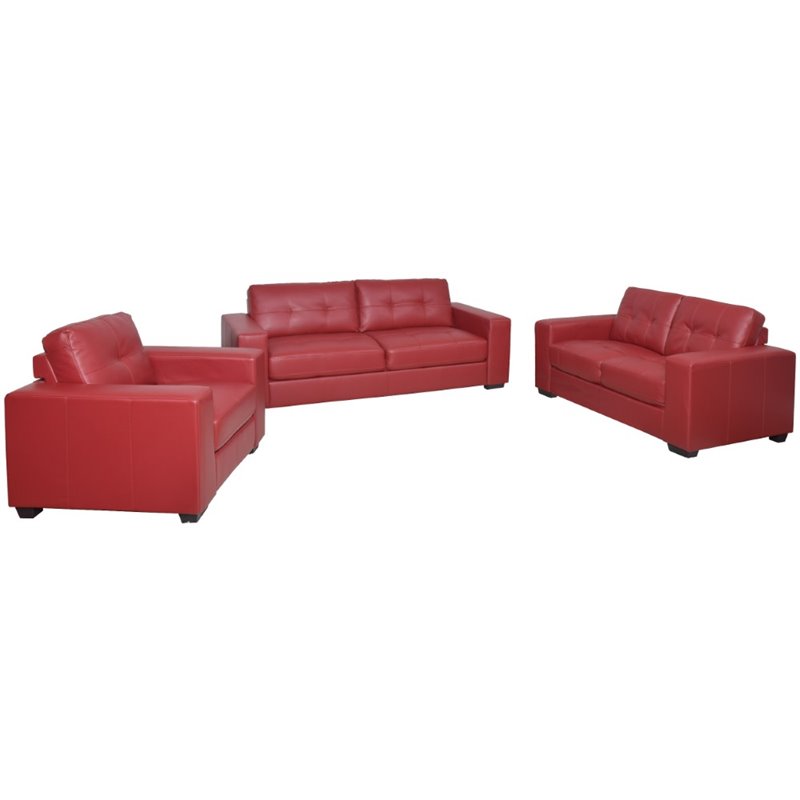 3 Piece Tufted Leather Sofa Set In Red