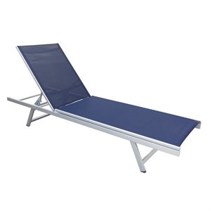 CorLiving Reclining Patio Lounger in Silver Metal and Navy Blue Mesh