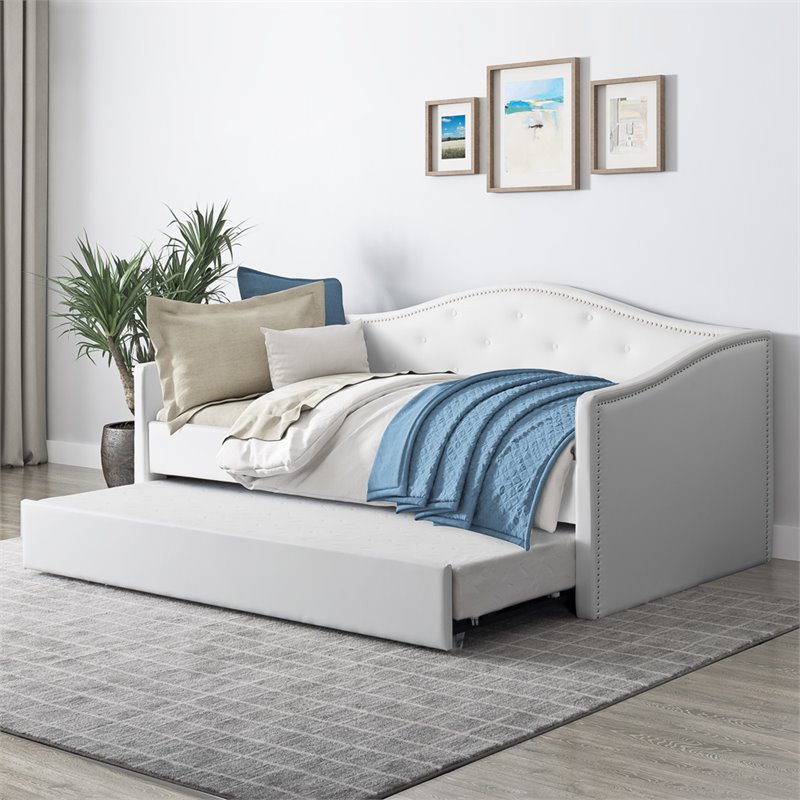 Corliving Fairfield White Tufted Faux, Faux Leather Trundle Bed