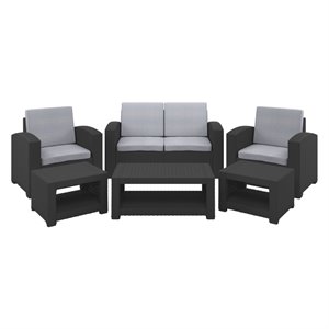 6pc all-weather black wicker/rattan conversation set with light grey cushions