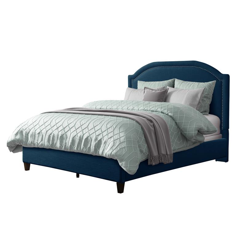 Corliving Navy Blue Fabric Bed Frame, Blue Fabric Double Bed Frame