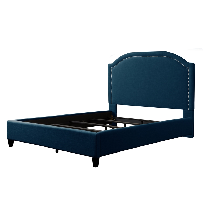CorLiving Navy Blue Fabric Bed Frame with Arched Headboard Double/Full