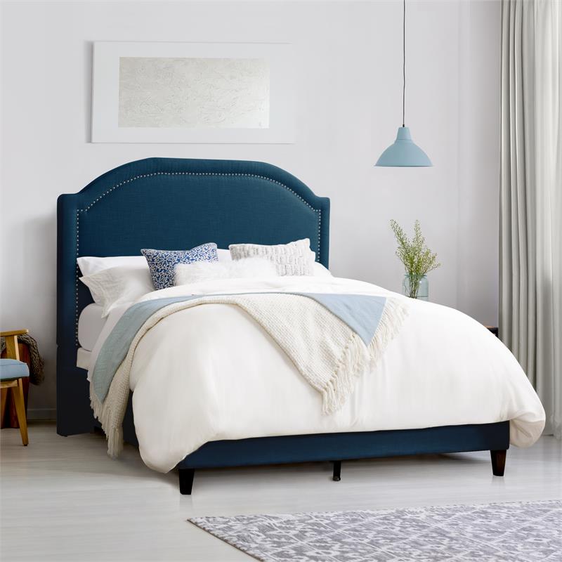Corliving Navy Blue Fabric Bed Frame, Blue Bed Frame Double