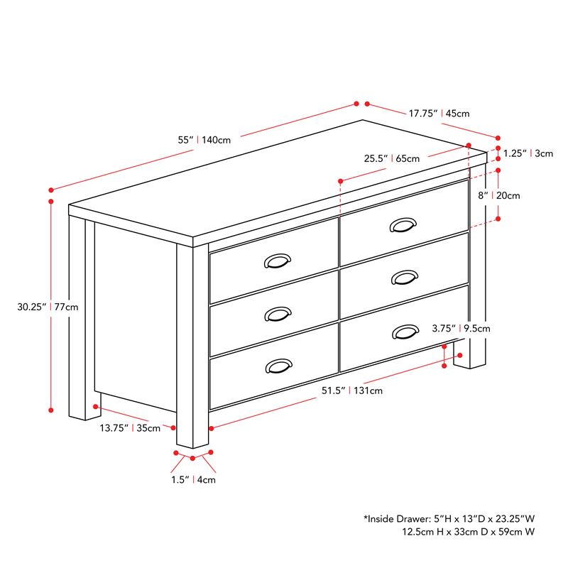 CorLiving Boston Modern White Engineered Wood 6 Drawer Wide Dresser for  Bedroom