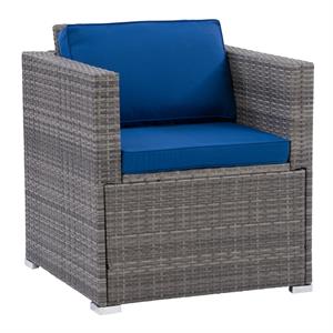 CorLiving Parksville Blended Gray Wicker / Rattan Patio Armchair w Blue Cushions