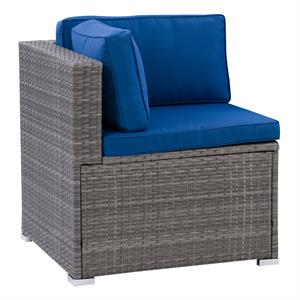CorLiving Parksville Gray Wicker / Rattan Patio Corner Chair with Blue Cushions