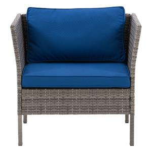 corliving patio armchair - blended grey finish with oxford blue cushions