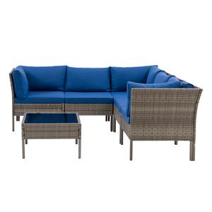 corliving patio sectional 6pc - blended grey finish with oxford blue cushions