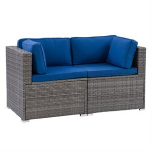 CorLiving Parksvile Gray Wicker / Rattan Patio Loveseat with Blue Cushions