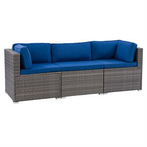 CorLiving Parksville Blended Gray Wicker / Rattan Patio Sofa with Blue Cushions