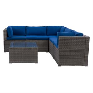 corliving patio sectional set 6pc - grey with oxford blue fabric cushions