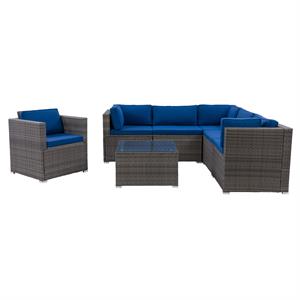 corliving patio sectional set 7pc - grey with oxford blue fabric cushions
