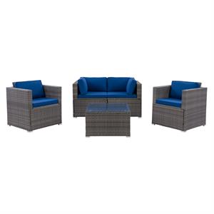 corliving patio sofa sectional set 5pc - grey with oxford blue fabric cushions