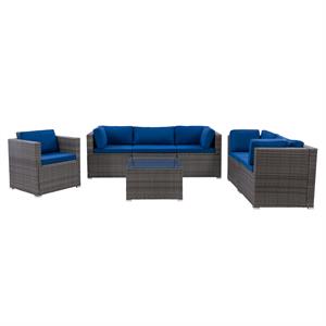 corliving patio sofa sectional set 7pc - grey with oxford blue fabric cushions