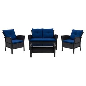 corliving cascade wicker/rattan patio set with navy blue cushions 4pc