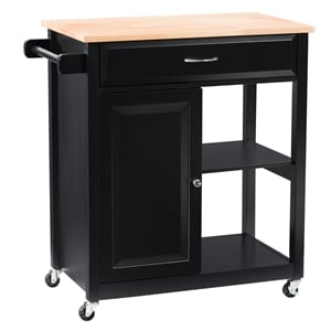 corliving sage black portable wood kitchen cart with cupboard