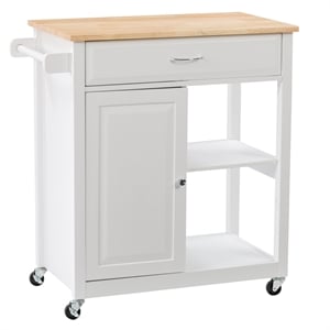 corliving sage white portable wood kitchen cart with cupboard