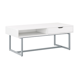 corliving auston modern single drawer white coffee table with cubby