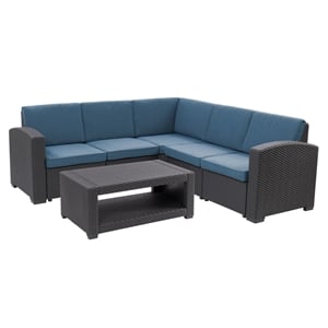 corliving lake front wicker / rattan patio sectional set w blue cushions - 6pc