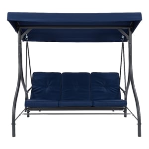corliving elia navy 3-seat metal frame convertible patio swing w canopy
