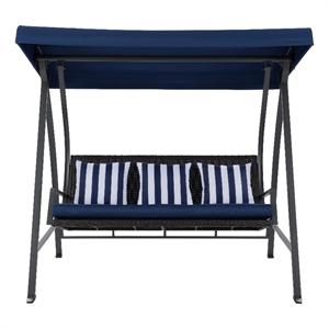corliving flora navy blue 3-seat metal frame patio swing w canopy & pillows