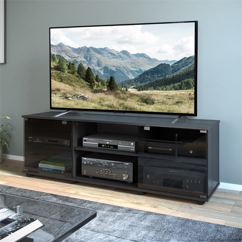CorLiving Fiji Black Engineered Wood TV Stand with Glass Doors For TVs
