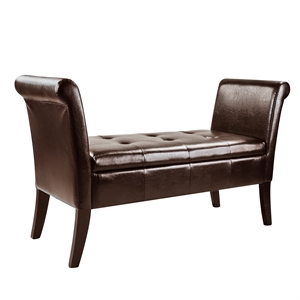 corliving antonio scrolled arm storage bench in dark brown bonded leather