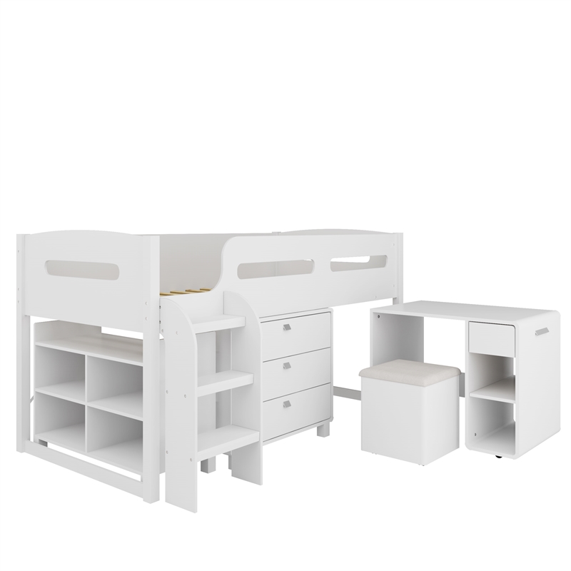 Mika White Engineered Wood 5 Piece Single/Twin Loft Bed Set with Desk
