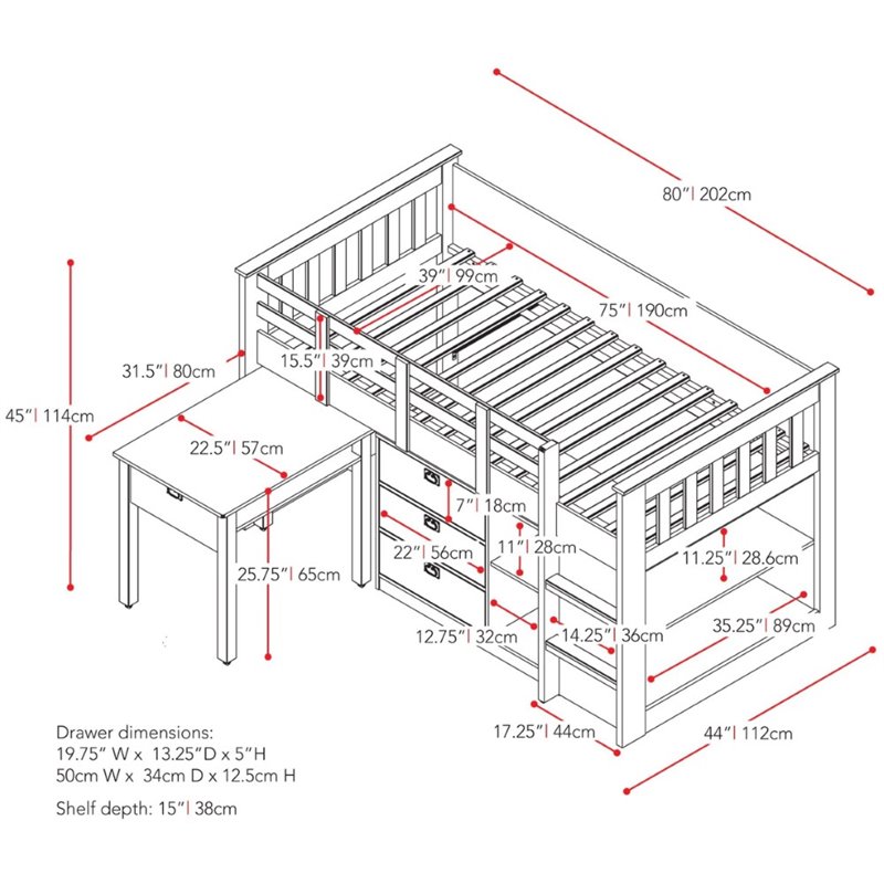 Single Desk and Storage Twin Loft Bed in Rich Espresso - BMG-370-B