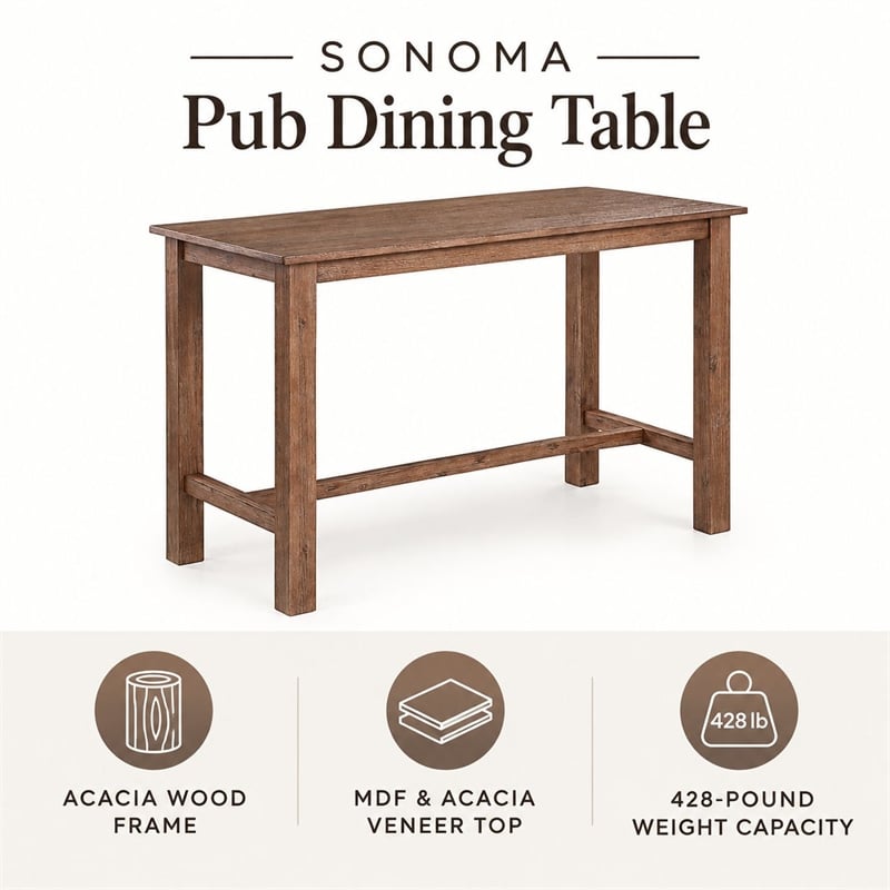 Boraam Wood Sonoma Pub Table in Barnwood Wire-Brush/Brown Finish
