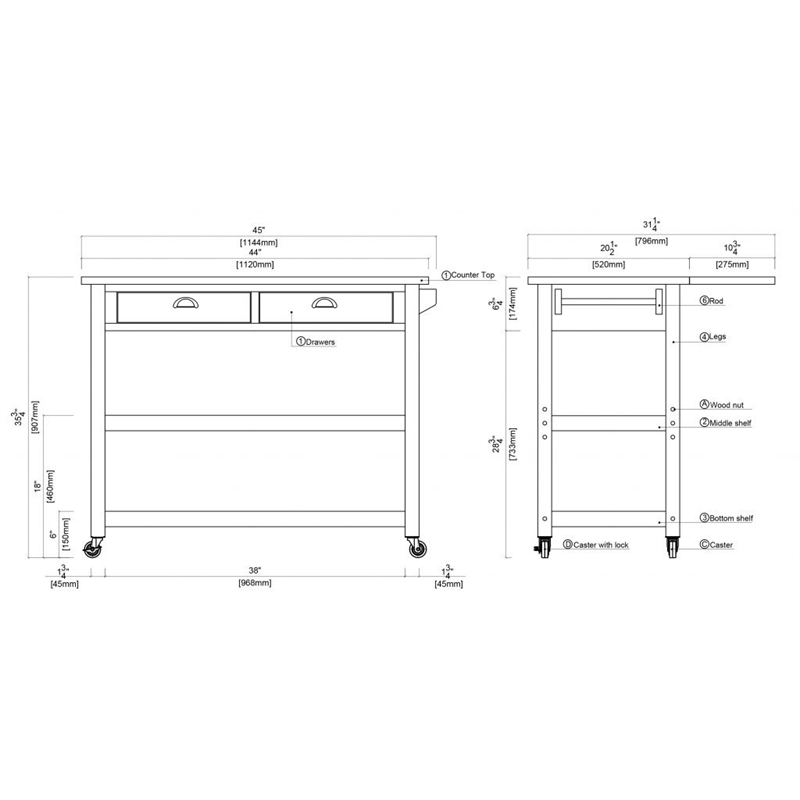 Boraam Wood Sonoma Kitchen Cart with DropLeaf in Barnwood WireBrush