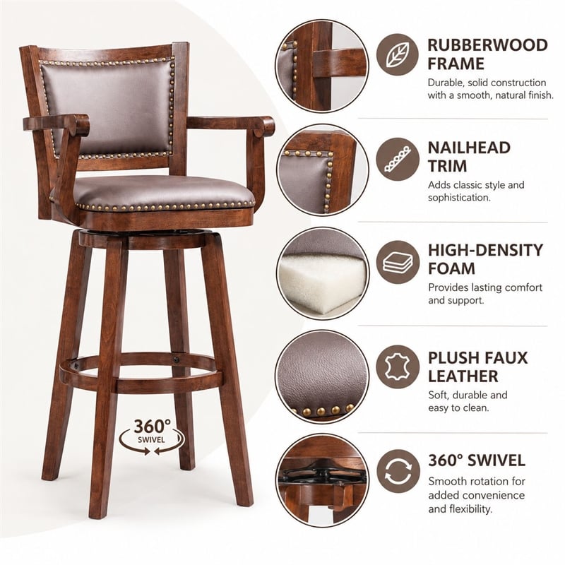 Boraam Wood Broadmoor Swivel Extra Tall Bar Stool in Cappuccino