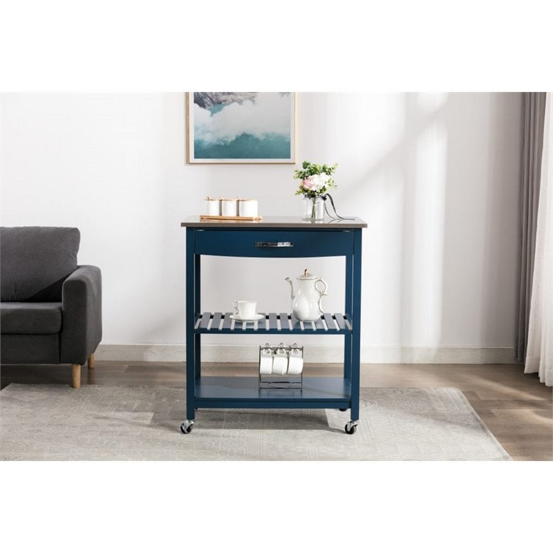 Boraam Holland Wood Kitchen Cart with Stainless Steel Top in Navy Blue