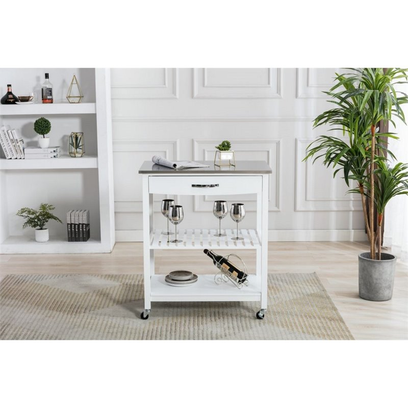 Boraam Holland Wood Kitchen Cart with Stainless Steel Top in White
