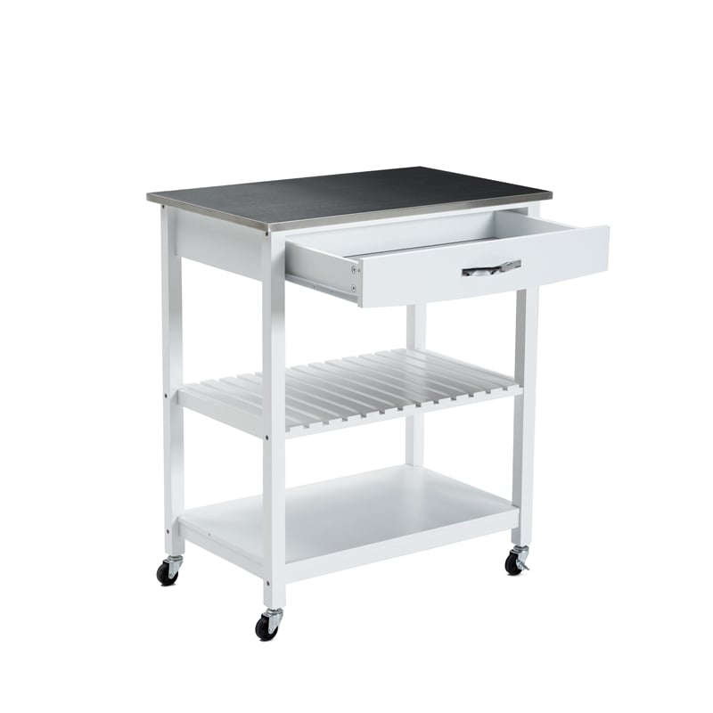 Boraam Holland Wood Kitchen Cart with Stainless Steel Top in White