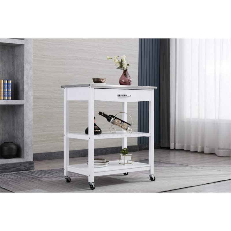 Boraam Holland Wood Kitchen Cart with Stainless Steel Top in White