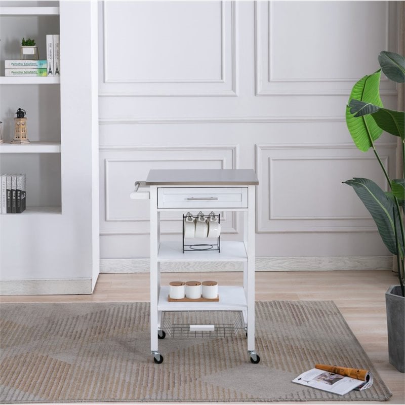 Boraam Hennington Wood Kitchen Cart with Stainless Steel Top in White Wash