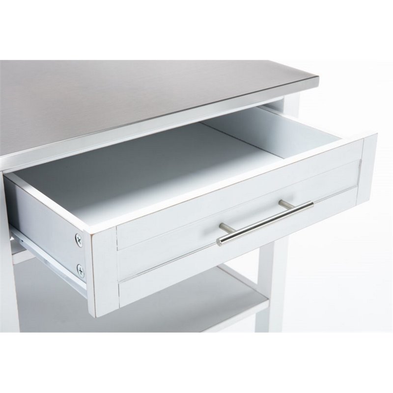 Boraam Hennington Wood Kitchen Cart with Stainless Steel Top in White Wash
