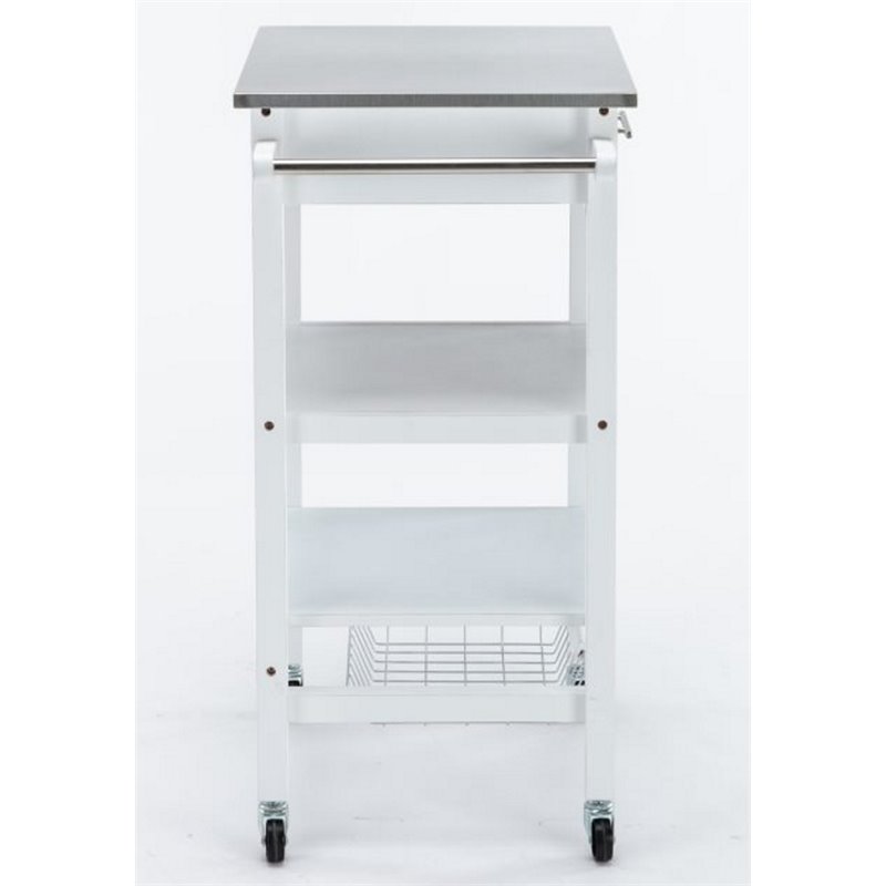 Boraam Hennington Wood Kitchen Cart with Stainless Steel Top in White Wash