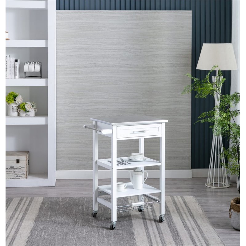 Boraam Hennington Wood Kitchen Cart with Stainless Steel Top in White Wash
