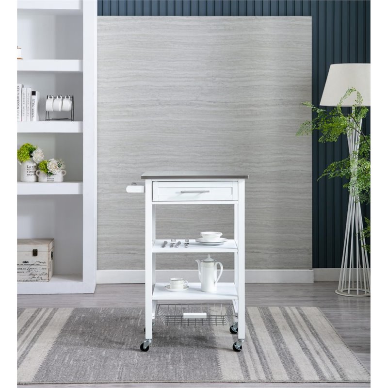 Boraam Hennington Wood Kitchen Cart with Stainless Steel Top in White Wash