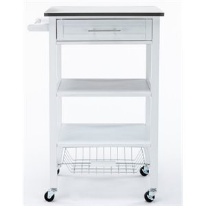 Boraam Hennington Wood Kitchen Cart with Stainless Steel Top in White Wash