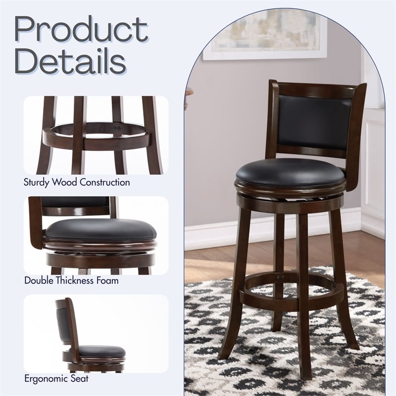 Boraam Wood Augusta Bar Height Swivel Bar Stool in Cappuccino Finish