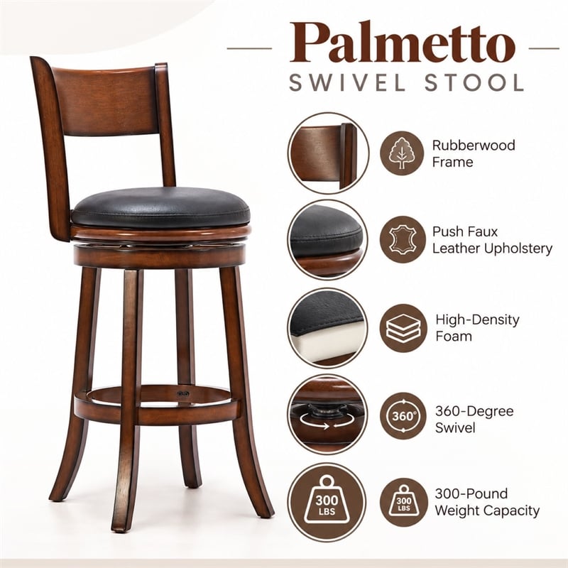 Boraam Wood Palmetto Bar Height Swivel Bar Stool in Brandy Brown Finish