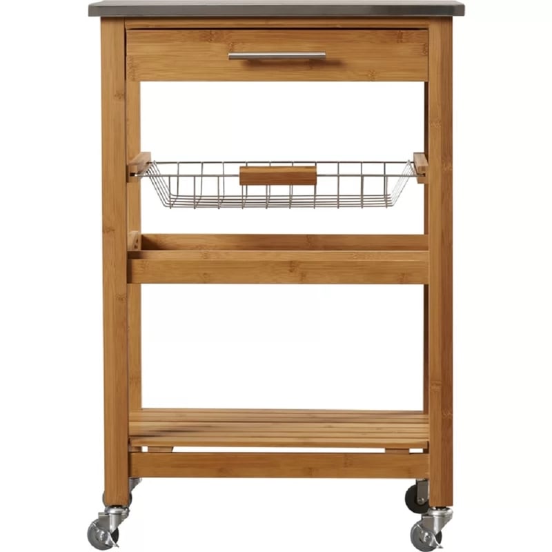Boraam Aya Bamboo Kitchen Cart with Stainless Steel Top in Natural Finish
